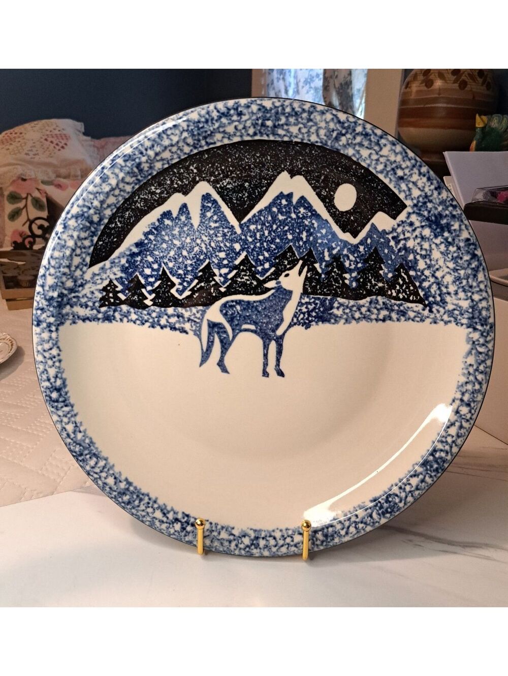 Vintage Tienshan Folk Craft Wolf Pattern Blue Sponge Stoneware 12" Serving Plate